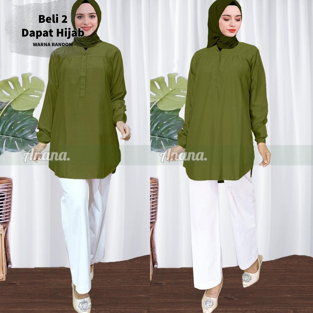 BERKUALITAS BAJU ATASAN KEMEJA BLOUSE WANITA DEWASA BUSANA MUSLIM ARMY TUA