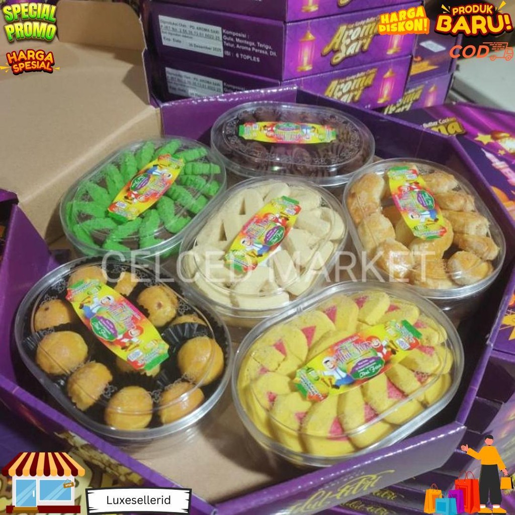 

Paket Kue Kering Lebaran Idul Fitri Isi 6 Macam Kue Aroma Sari | Kado Hampers Parcel Gift Ramadhan D Promo Puncak