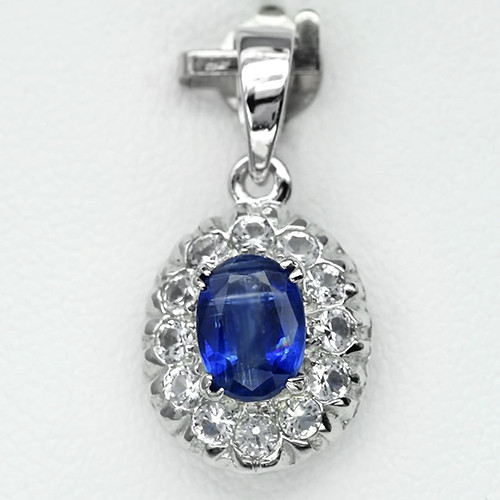 JS160 Natural Royal Blue Kyanite 1.20ct With Natural White Topaz Pendant Sterling Silver 1.8gr