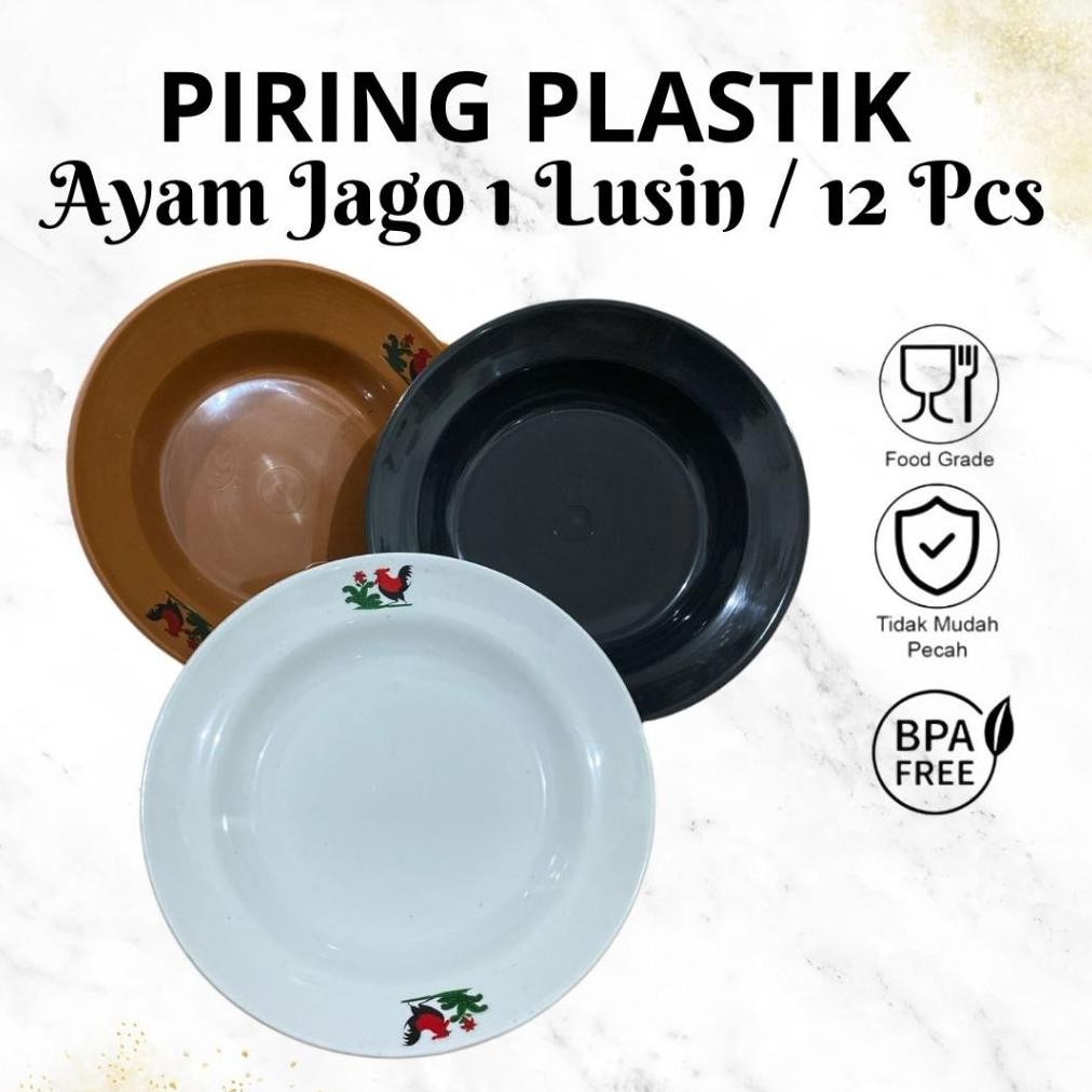 Bisa COD piring makan ayam jago putih coklat hitam Plastik 12 pcs 1 lusin Kitchenware ||
