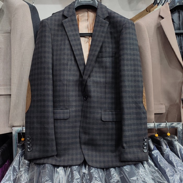 blazer pria casual import slim fit kotak kotak coklat bahan semi wool