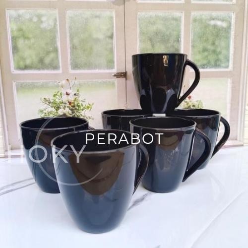 12 PCS CANGKIR MELAMIN BULAT GAGANG TEBAL HITAM MELAMIN FIRAL