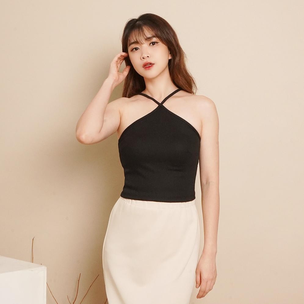 Korean Cross Tank Top Wanita Korea Knit Rib V-Neck Crop Tanktop Kaos Pendek Tank Top Silang Rajut Or