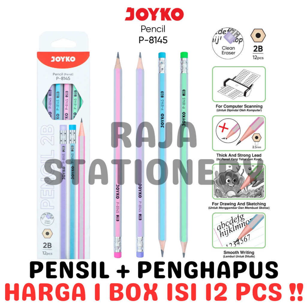 

JOYKO PENCIL 2B PENSIL + PENGHAPUS KAYU JOYKO 2B ANAK UJIAN BOX LUSIN P-8145 [12PCS] RAJA BIG BOX