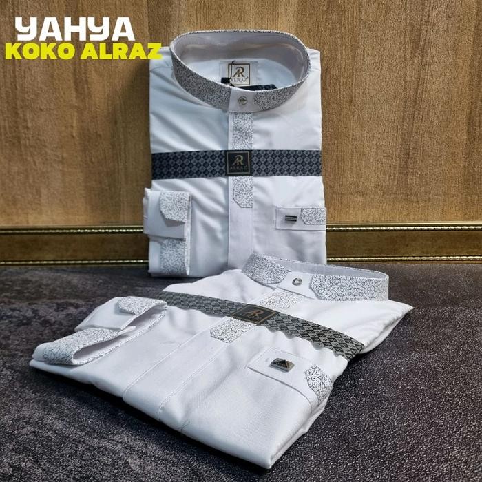 Koko Alraz Lengan Panjang Manset Model Yahya Putih - Kerah, Katun Premium, Motif Polos Elegan -