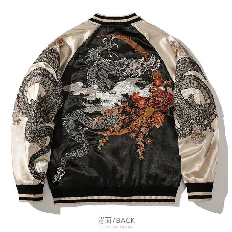 Jaket Seragam Bisbol Bordir Naga Yokosuka Jaket Pria dan Wanita Atasan Pasangan Industri Berat
