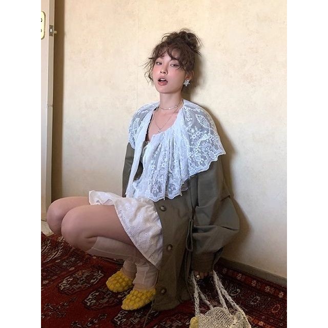 Lace Shawl Collar Drawstring Work Jacket for Women Loose Casual Top