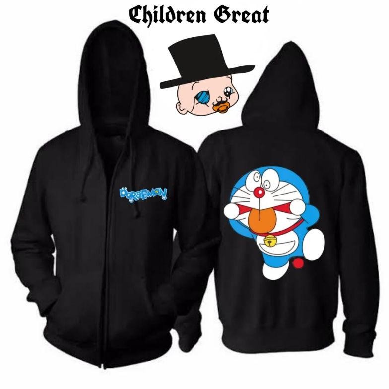 Jaket Hoodie Doraemon Zipper Kartun Dewasa Tee Jacket Hitam Polos Sweater Sweatshirt Katun Crewneck