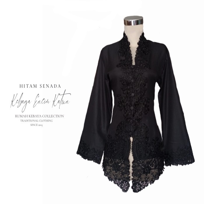 Kebaya Encim Bordir Modern Katun Hitam Domini Senada Lengan Panjang