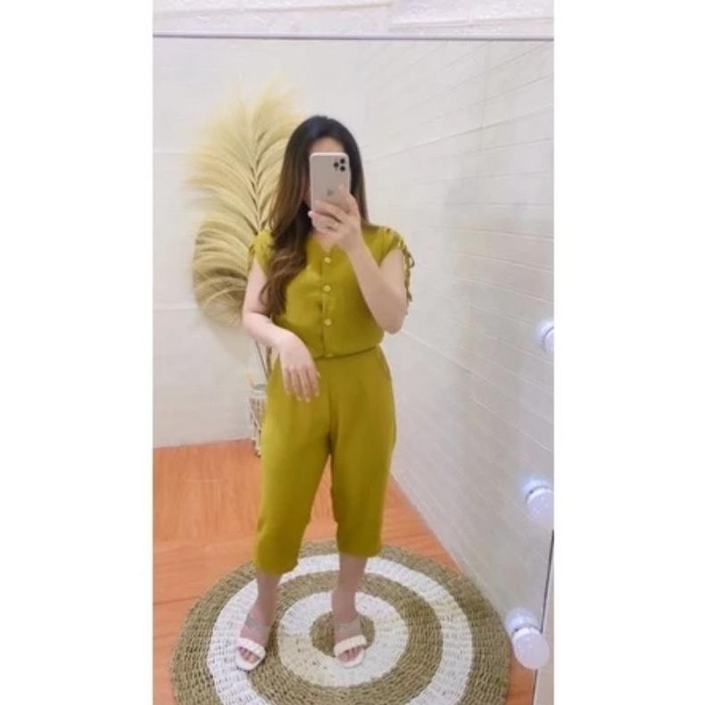 One Set Yubi Kemeja Dan Celana Santai Crinkle Airflow - Setelan Wanita Kancing Polos