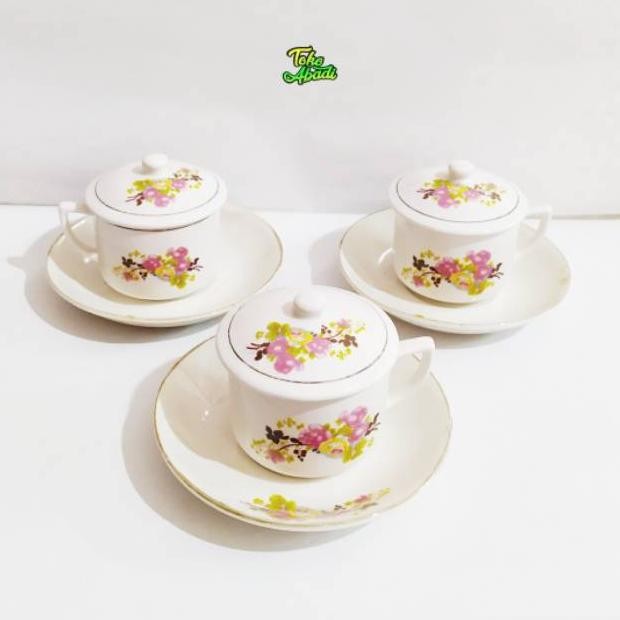 AURORAE 6 SET 18PCS CANGKIR KERAMIK CLASSIC VINTAGE DENGAN TUTUP DAN TATAKAN/PIRING MOTIF BUNGA JADU