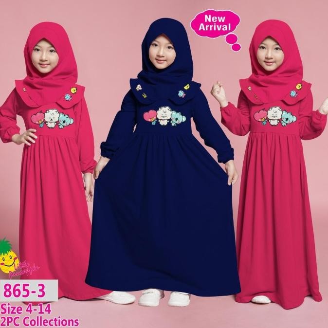 Sale Now Baju Muslim Anak Perempuan Little Pine Gamis Kaos Biru Pink 4-9Th Original