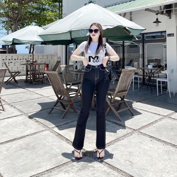 MCO JEANS OOTD SZ 27-34 Celana Highwaist Jeans Cutbray Rubby Black Celana Cutbray Wanita Outfit Simp
