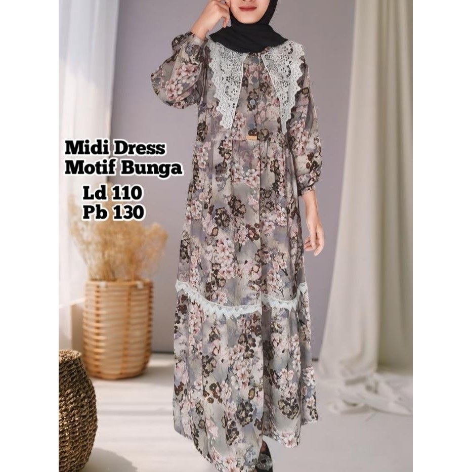 Midi Dress Motif Bunga Katun Amor Karet Motif Muslim Simple Renda