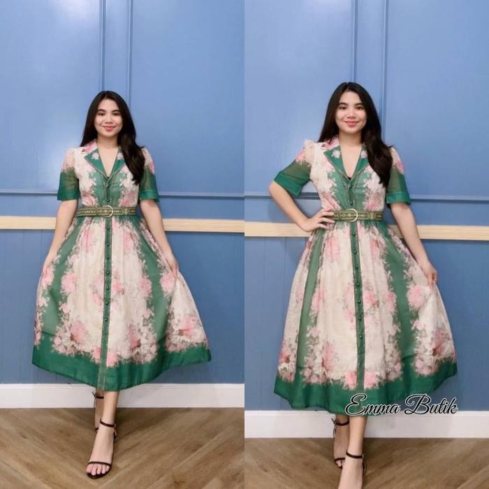 Emma.Butik E00248 Midi Dress Organza Gaun Pesta Wanita Gereja Casual A-Line Motif