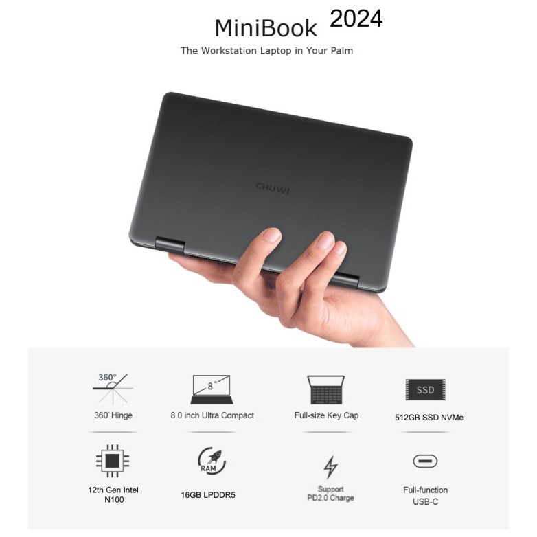 Chuwi Minibook 2024 Intel N100 16/512Gb Ssd Nvme Wifi6 8" Ultramini Yoga Laptop Windows 11