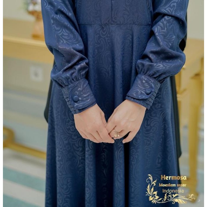 Ready Gamis Syari Navy-Gamis Wanita Motif Flower Navy Syari Premium-Gamis Stok Terbatas