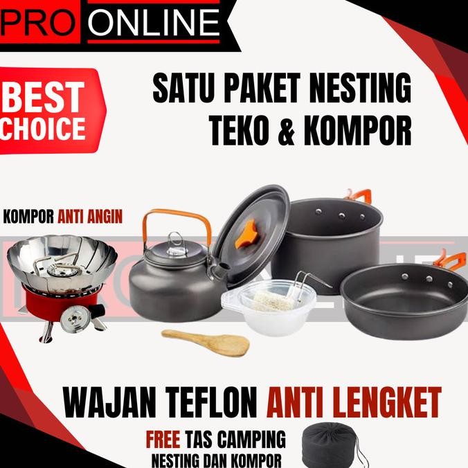 Nesting Teko & Kompor Windproof Kemping Gunung Cooking Set Camping