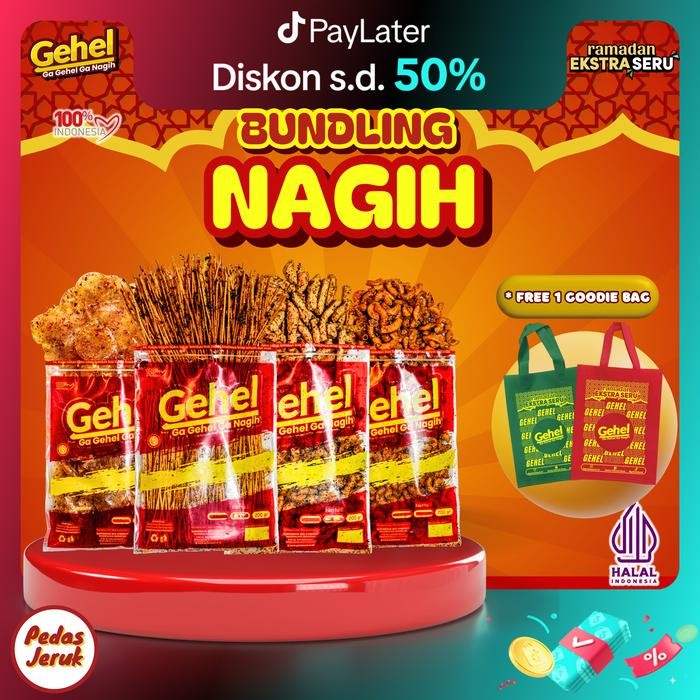 

PROMO (FREE 1 TAS) GEHEL PAKET BUNDLING NAGIH - Cemilan Mie Lidi, Kripca, Basreng, Makaroni Rasa