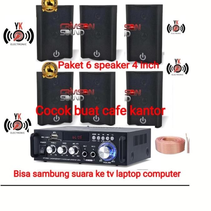 Paket Sound System Cafe Kantor Masjid 6 Unit Speaker Crimson Amplifier Bluetooth Usb New Stok