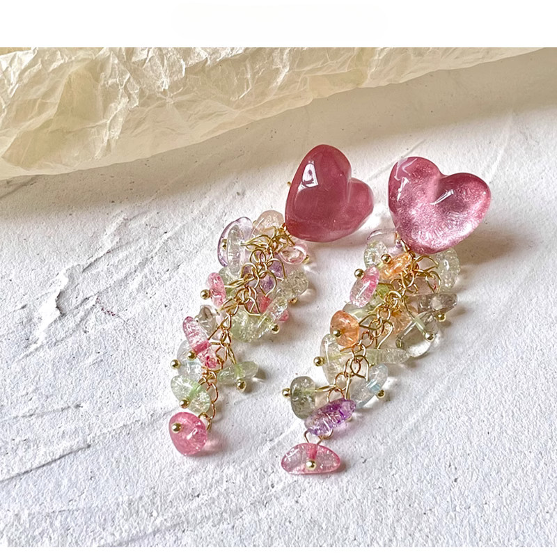 [Heartbeattt] Anting-anting panjang rumbai hati manis warna merah muda