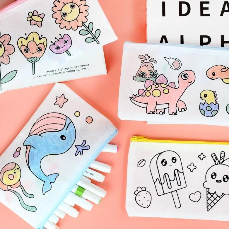 

Non Woven Pen Bag DIY Coloring Stationery Bag Kids Students Painting Toys Cartoon Excavator Princess Flower Graffiti Pencil Case