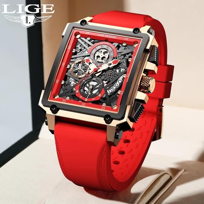 GARANSI LIGE Jam Tangan Pria Skeleton Square Bermerek Mewah Jam Tangan Kuarsa Pria Tahan Air Tanggal