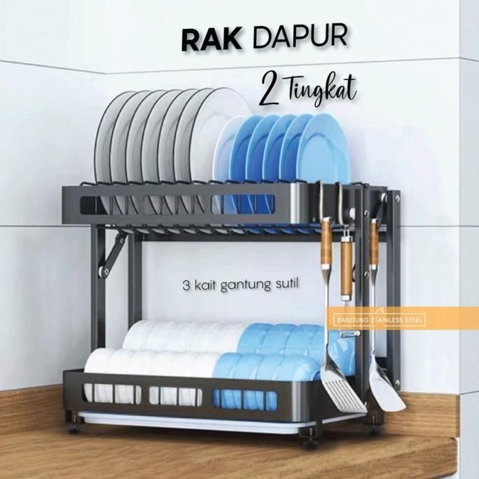 Rak Piring Dapur 2 Tingkat Lipat Gantung Tempel Dinding kait Stainless ISW