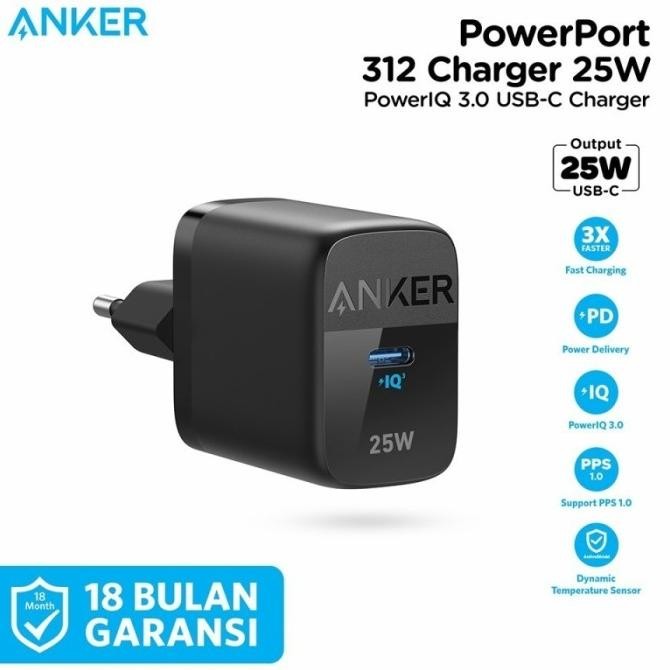 HARGA DISKON Travel Adapter Anker 312 25 Watt USB Type C Kepala Charger Batok Casan