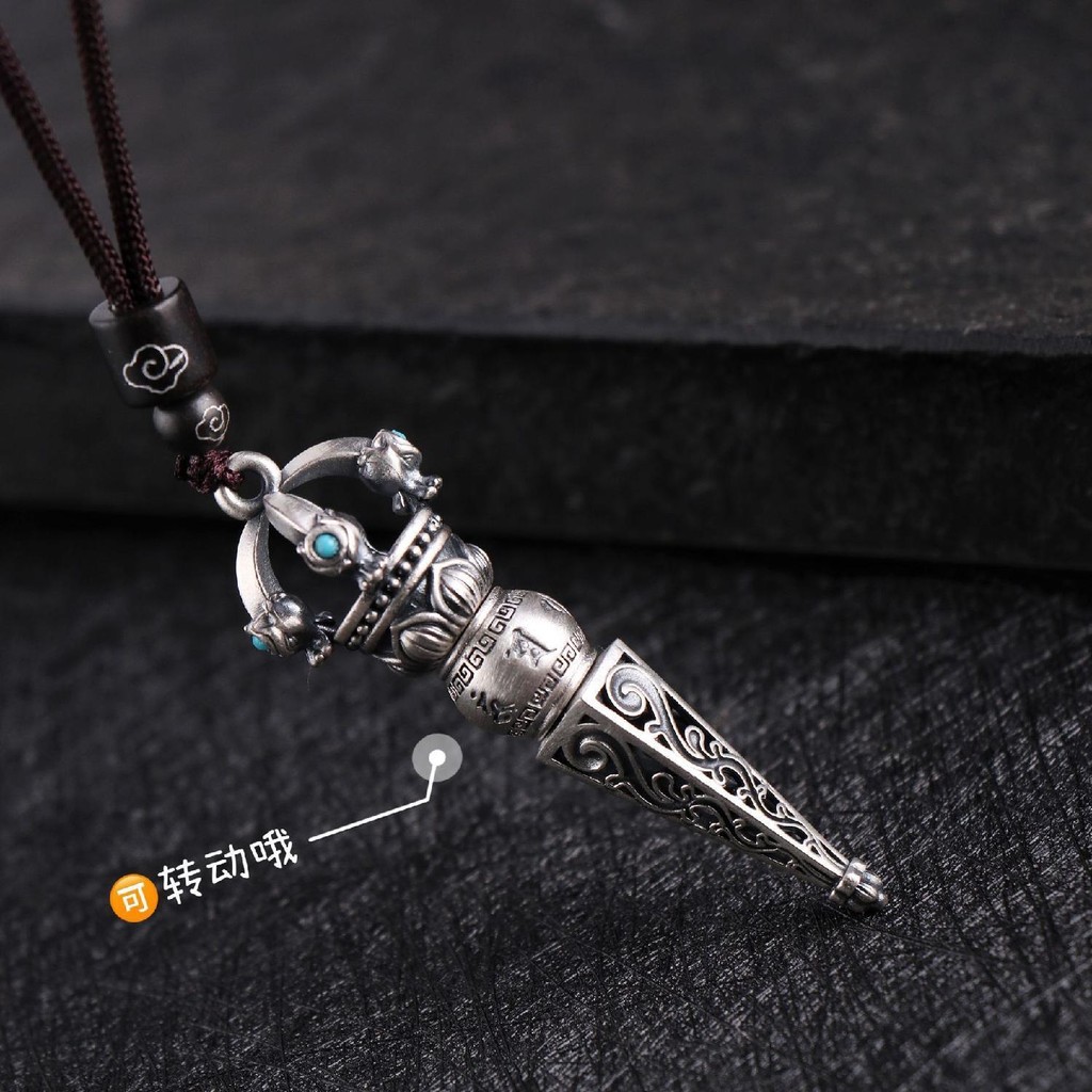 999Sterling Silver Demon-Slaying Vajra Pendant Necklace Six-Word Mantra Amulet for Peace Men2023Retr