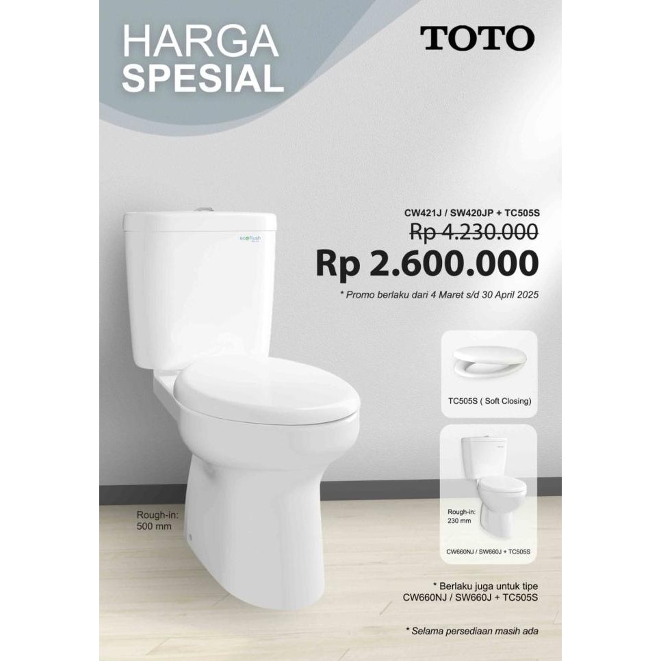 Closet Duduk TOTO CW421J/SW420JP + Tutup TC505S Softclosing