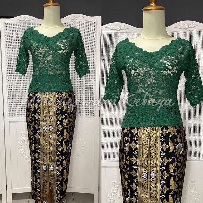 PLK Kebaya Bali Set Brukat Sabrina Pendek Hijau Botol Rok Panjang TERLARIS