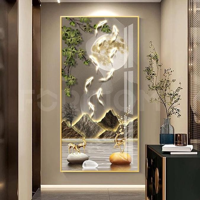 LAMPU DINDING RUANG TAMU MODERN MINIMALIS RUSA EMAS LUKISAN KRYSTAL PORSELIN 5D LUXURY WALLDECOR 100