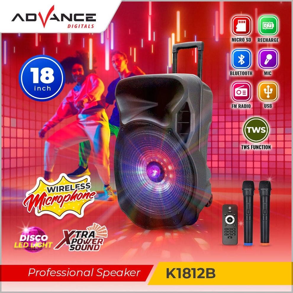 SPEAKER BLUETOOTH PORTABLE ADVANCE K1812B 18 INCH FREE 2PCS MIC WIRELESS