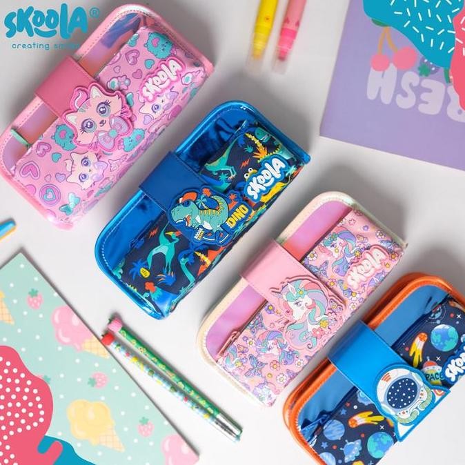 

Diskon!! Skoola Tempat Pensil Lipat 3 Pencil Case Threefold Stationery Anak Perempuan Laki - Laki Lucu Unicorn Cat Dino - Pensy