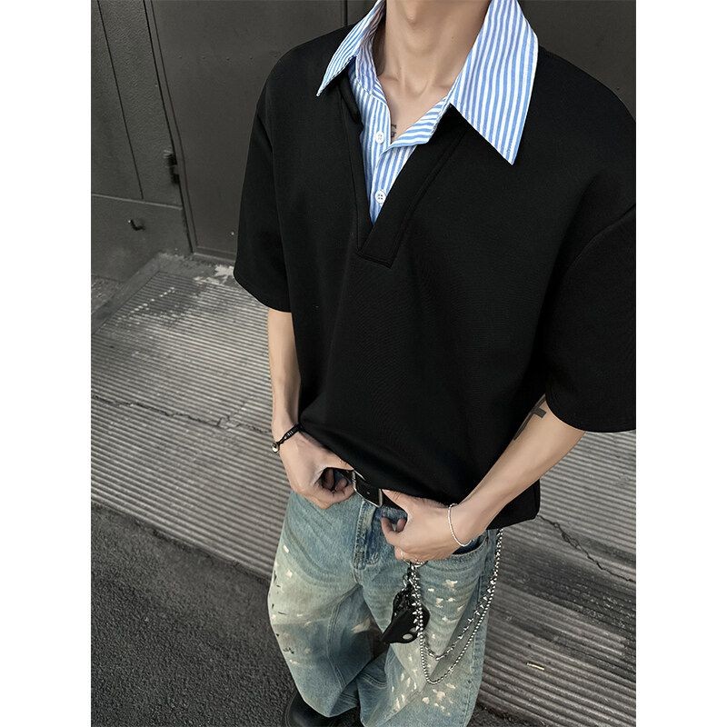 Roar Wild.YY-Kemeja Kerah Dua Potong Palsu Kaos Lengan Pendek