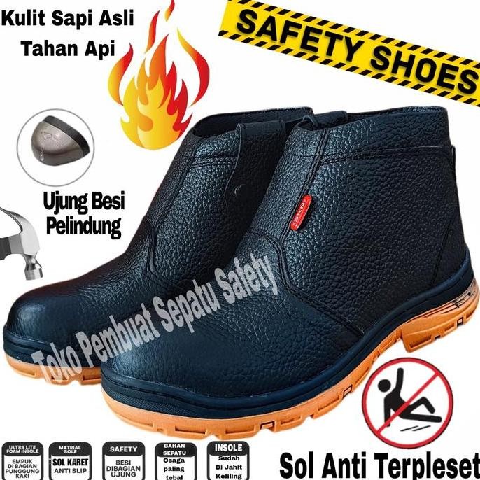 Sepatu Safety Risleting Kulit Sapi Asli Tahan Bakar Ujung Besi Keselamatan Kerja Pabrik Pom Bengkel 