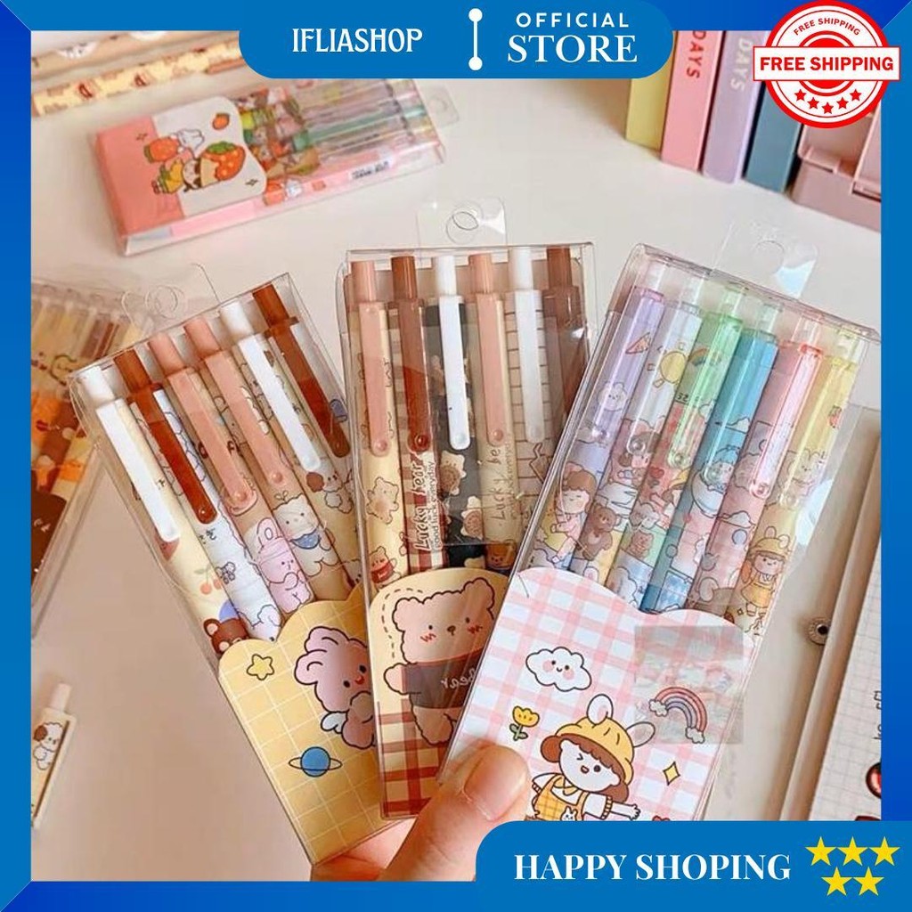

[ Dwcorner ] Pulpen Gel Lucu Set 6In1 / Pulpen Tinta Hitam / Pulpen Gel Hitam Set D Terlaris