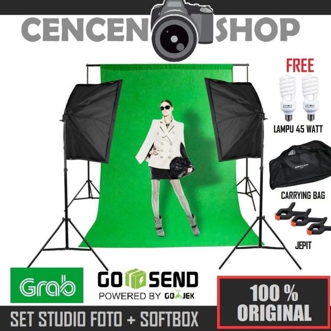 SET STUDIO BACKGROUND GREEN SCREEN + SOFTBOX PHOTO LIGHTING FREE LAMPU