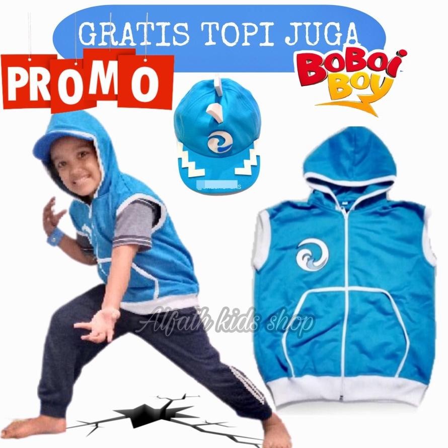 Baju Boboiboy Air Set Topi Dan Rompi / Jaket Rompi Boboiboy Anak / Kostum Boboiboy Air / Setelan Bob