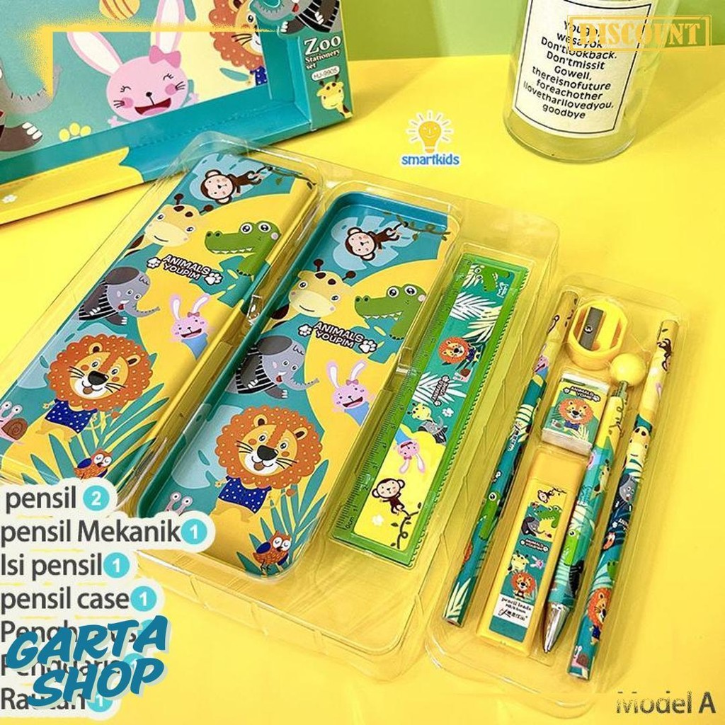 

Alat Tulis Set Paket Komplit 7 In 1 / Stationery Complete Lengkap / Kotak Pensil Anak / Souvenir Hadiah Kado / Sekolah Karakter Kartun Lucu Animal Hewan / Perlengkapan Tulis / Tempat Pensil Diskon