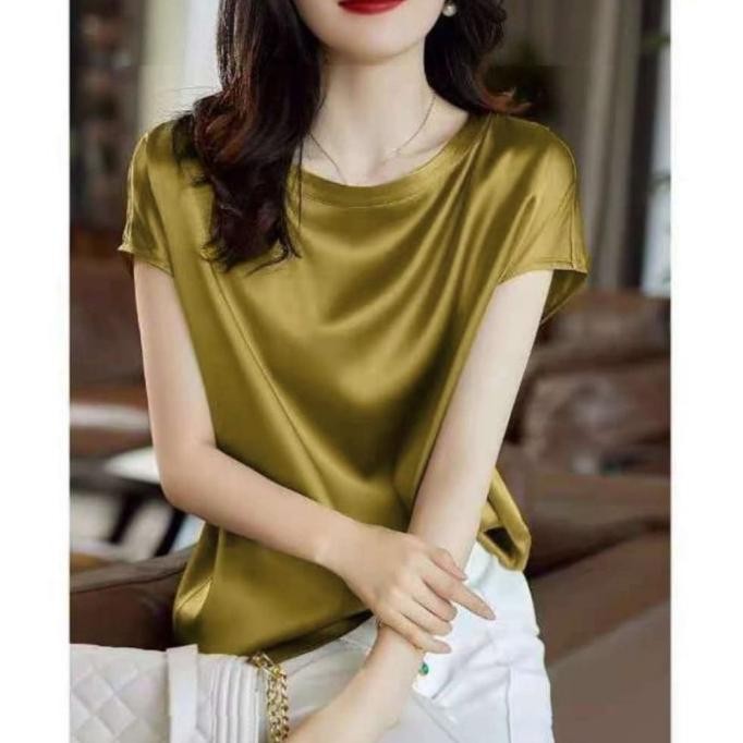 New Baju Atasan Wanita Blouse Satin Lengan Pendek