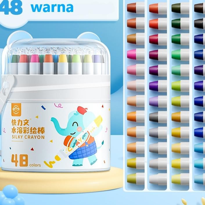 Kuailiwen Washable Silky Crayon Isi 48 Warna Colorful Bucket Krayon Mewarnai Alat Warna Set AnakWipe