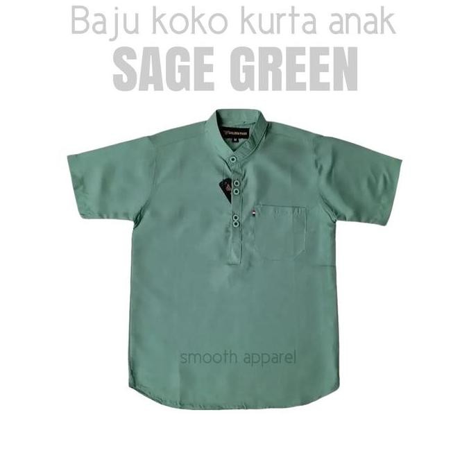 Kemeja KOKO Anak Warna Sage Green Kalem Baju Pakaian Muslim Cowok Kekinian Outfit Kids Puasa Ramadan