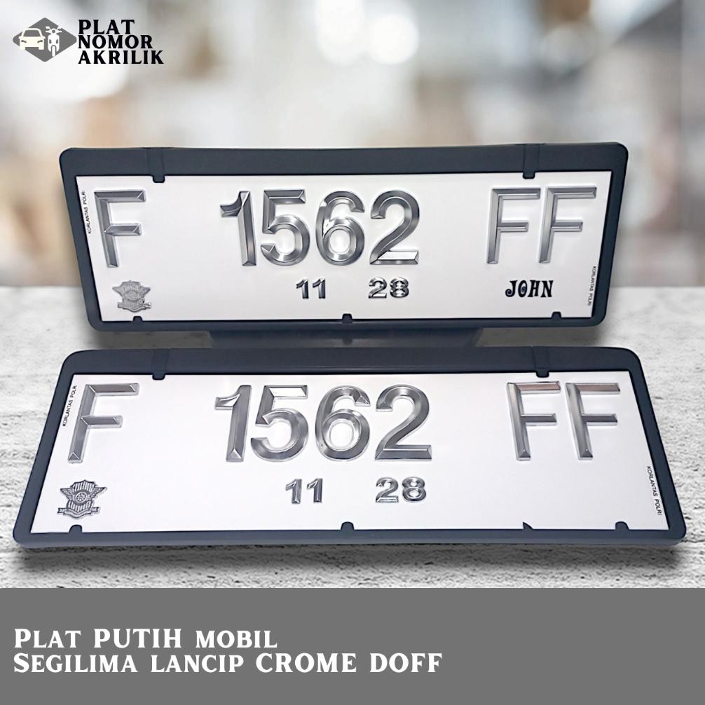 Plat Nomor Mobil Akrilik Timbul CROME DOFF PUTIH - Lancip Segi 5