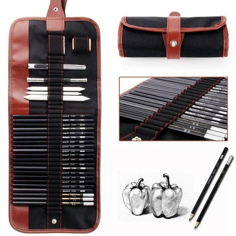 

ukd- 29pcs Drawing Pencil Set/Pensil Gambar Sketsa Pisau Penghapus-Dengan Pouch Serut Hemat