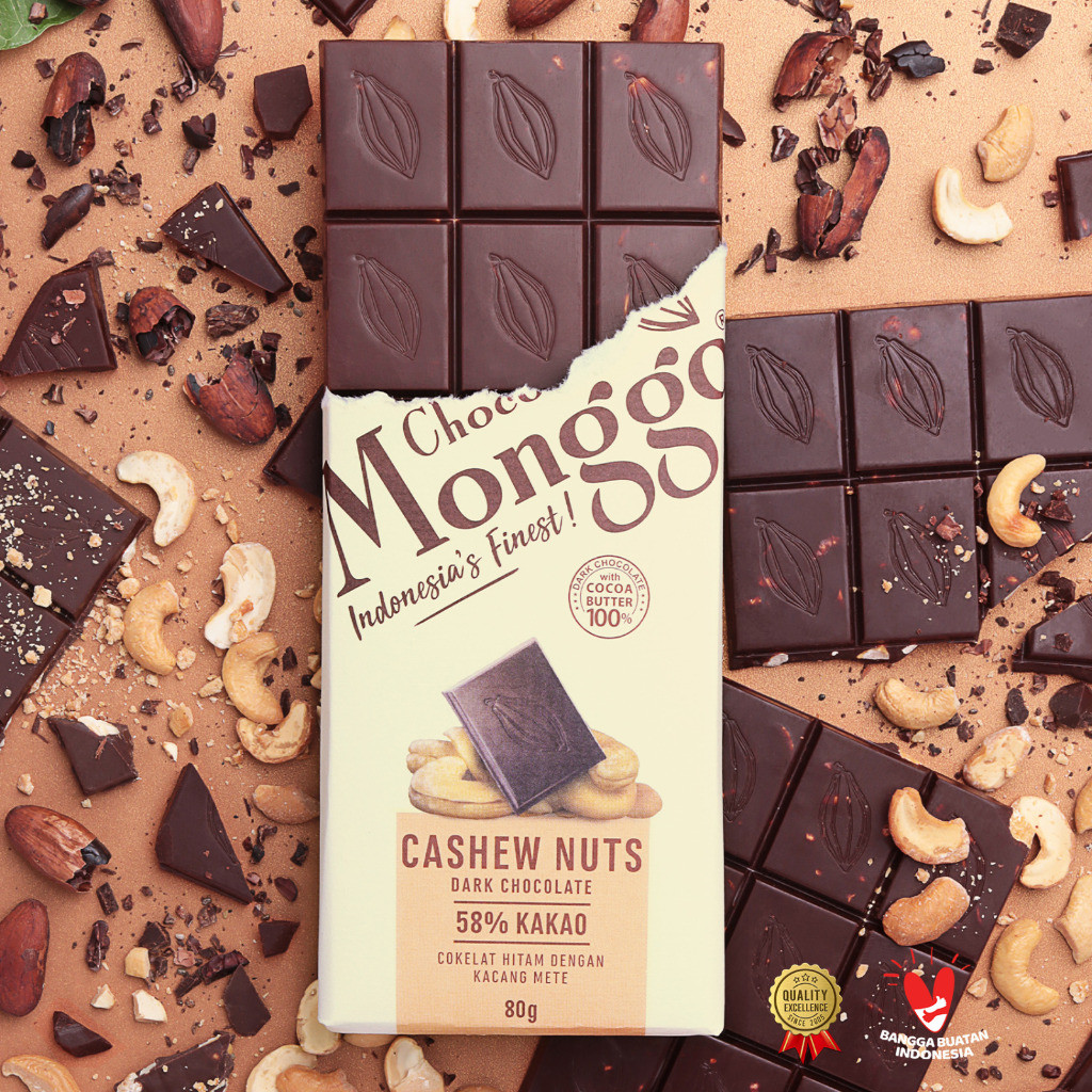 

Chocolate Monggo | Cashew Nut & Dark Chocolate 80gr | Coklat Murni 100% Kakao butter 80g| Kacang Mete & Cokelat Hitam Snack