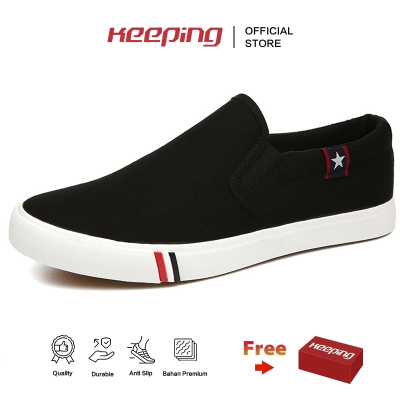 BESTPROMO Keeping Sepatu Slip On Pria Original Sepatu Hitam Cowok Sneakers Slop Wakai Spatu Kasual