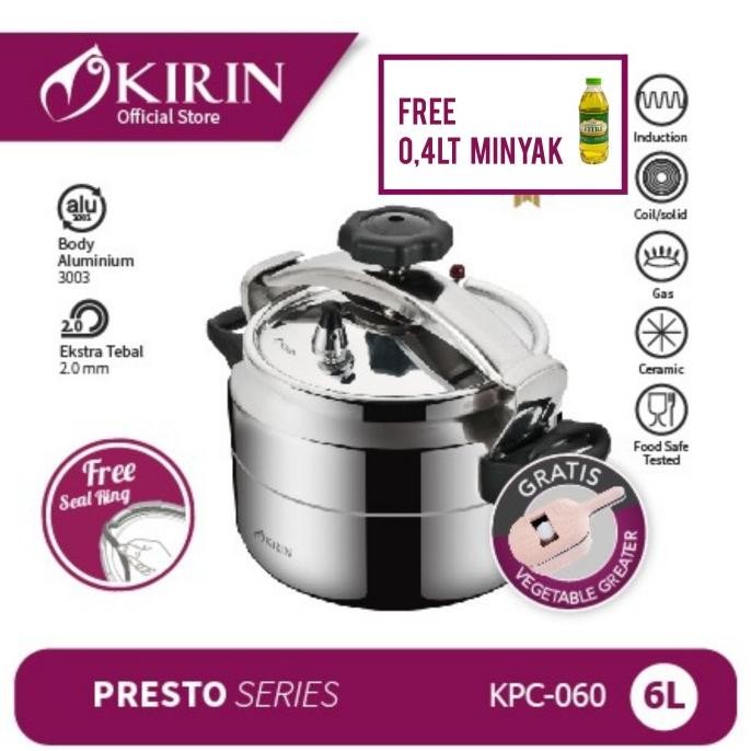 BEBAS ONGKIR - Panci Presto Induksi Kirin KCP 060 6 Liter Pressure Cooker Kirin 6 L
