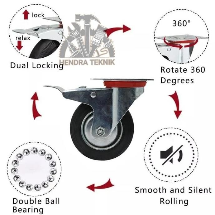 Roda Karet Rem Hidup 6" Roda Troli 6 Inci Roda Hidup Rem 6 Inch 150Mm New Stok